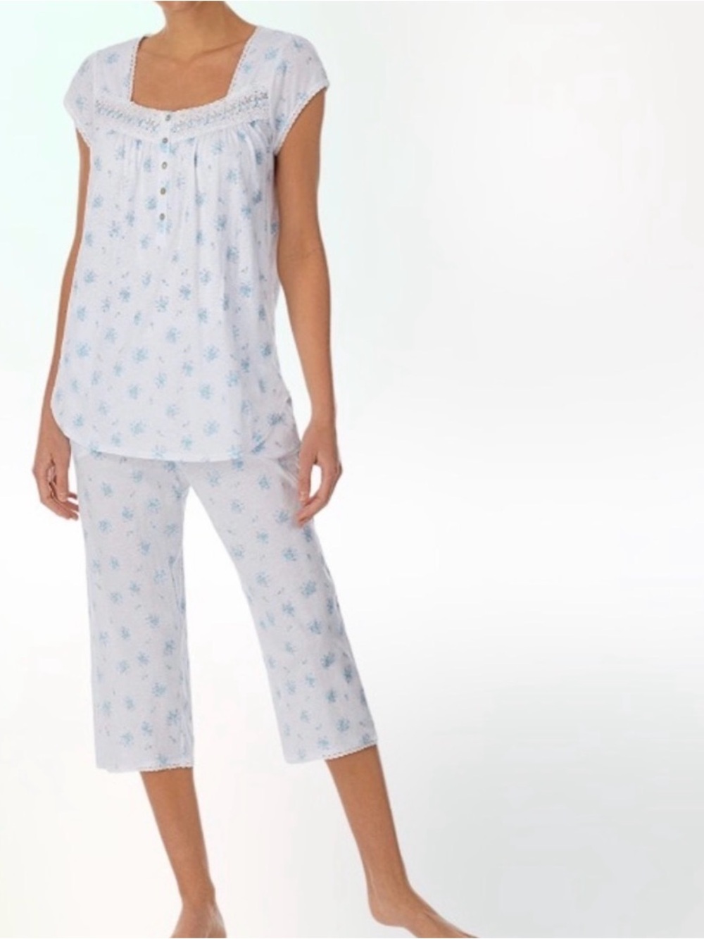Eileen West Blue Floral Cap Sleeve Crop Pants Pajama Set Size LARGE